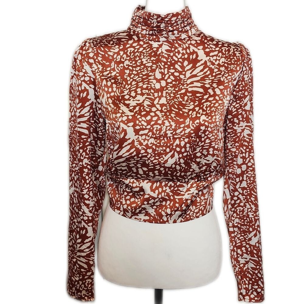 Lush Turtleneck Puff Sleeve Blouse, Open Back With Tie Waist, Cropped, S